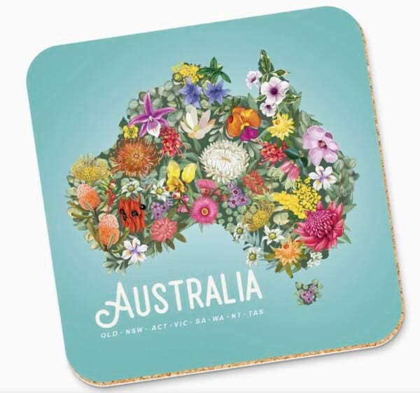 Corky Coaster Australia Map Flowers